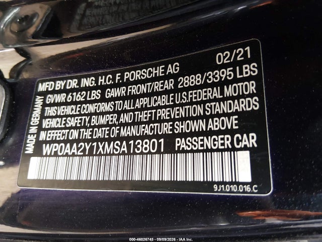 2021 Porsche Taycan მანქანა იყიდება აუქციონზე, vin: WP0AA2Y1XMSA13801, აუქციონის ნომერი: 46026745