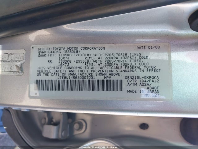 Продажа на аукционе авто 2003 Toyota 4runner Sr5 V6, vin: JTEBU14R630007031, номер лота: 46026750
