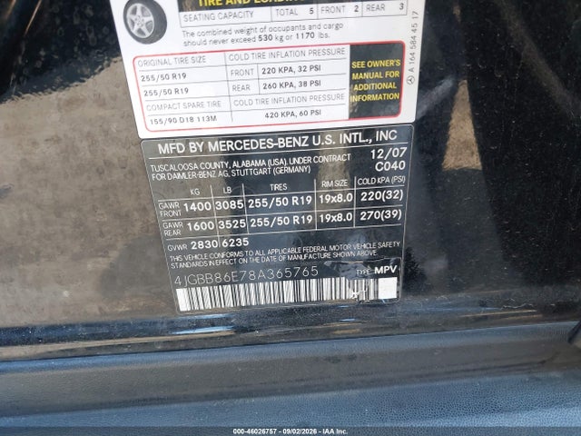 2008 Mercedes-benz Ml 350 4matic მანქანა იყიდება აუქციონზე, vin: 4JGBB86E78A365765, აუქციონის ნომერი: 46026757