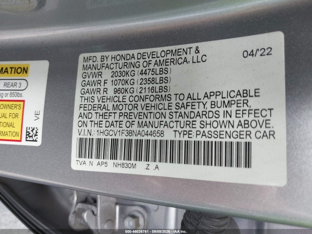 1HGCV1F38NA044658 Honda Accord Sport