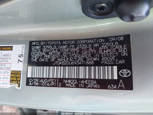 Aukcja sprzedaży 2009 Toyota Prius, vin: JTDKB20U693471888, numer aukcji: 46026767