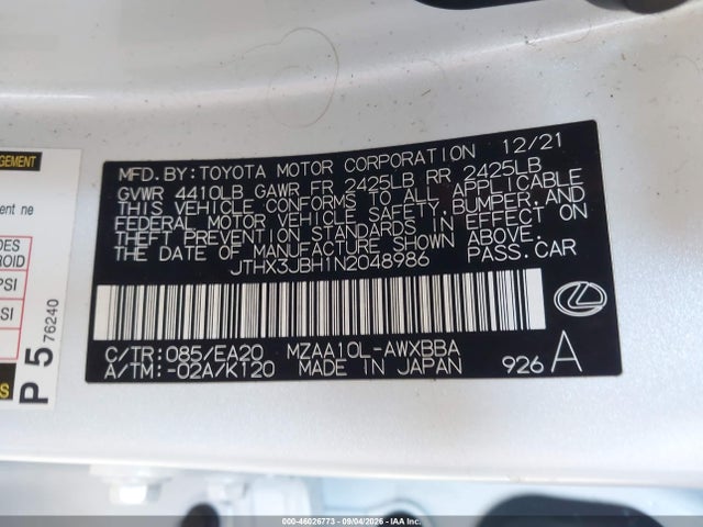 Aukcja sprzedaży 2022 Lexus Ux 200, vin: JTHX3JBH1N2048986, numer aukcji: 46026773