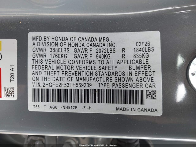 2HGFE2F53TH569209 Honda Civic Sport