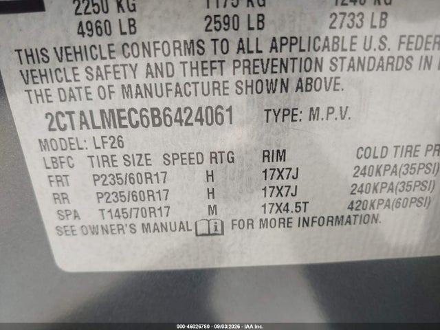 46026780 :رقم المزاد ، 2CTALMEC6B6424061 vin ، 2011 Gmc Terrain Sle-1 مزاد بيع