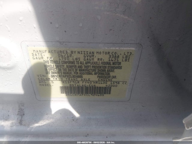 Aukcja sprzedaży 2012 Nissan Versa 1.6 S, vin: 3N1CN7APXCL924605, numer aukcji: 46026798