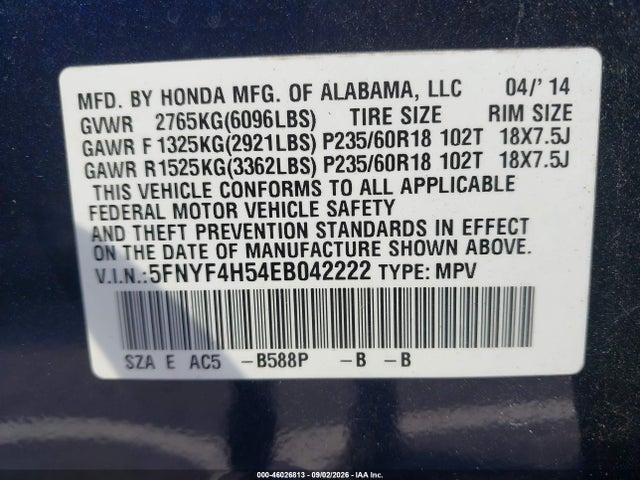 Продаж на аукціоні авто 2014 Honda Pilot Ex-l, vin: 5FNYF4H54EB042222, номер лоту: 46026813