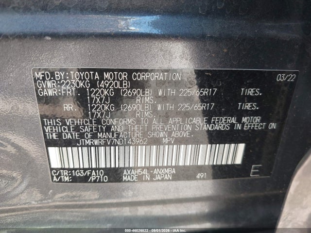 Aukcja sprzedaży 2022 Toyota Rav4 Hybrid Xle, vin: JTMRWRFV7ND143962, numer aukcji: 46026822