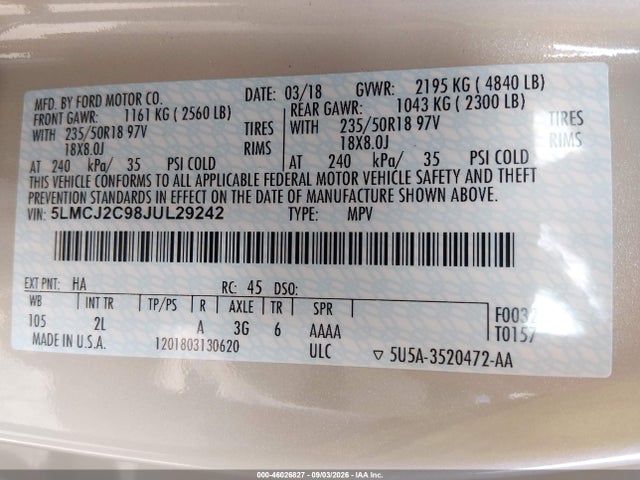 46026827 :رقم المزاد ، 5LMCJ2C98JUL29242 vin ، 2018 Lincoln Mkc Select مزاد بيع