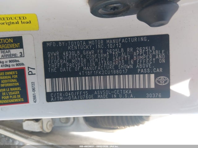 Aukcja sprzedaży 2012 Toyota Camry Se, vin: 4T1BF1FK2CU188017, numer aukcji: 46026831