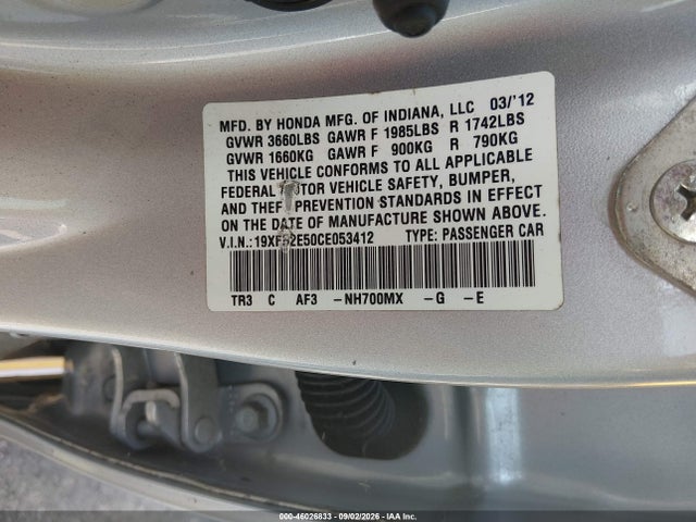 Aukcja sprzedaży 2012 Honda Civic Lx, vin: 19XFB2E50CE053412, numer aukcji: 46026833