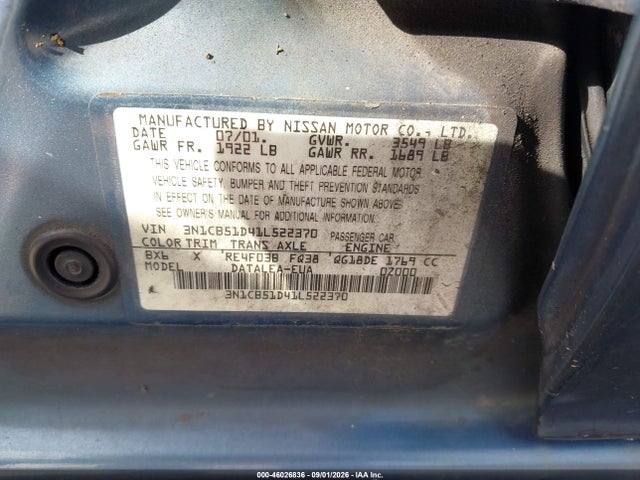 Продажа на аукционе авто 2001 Nissan Sentra Gxe, vin: 3N1CB51D41L522370, номер лота: 46026836