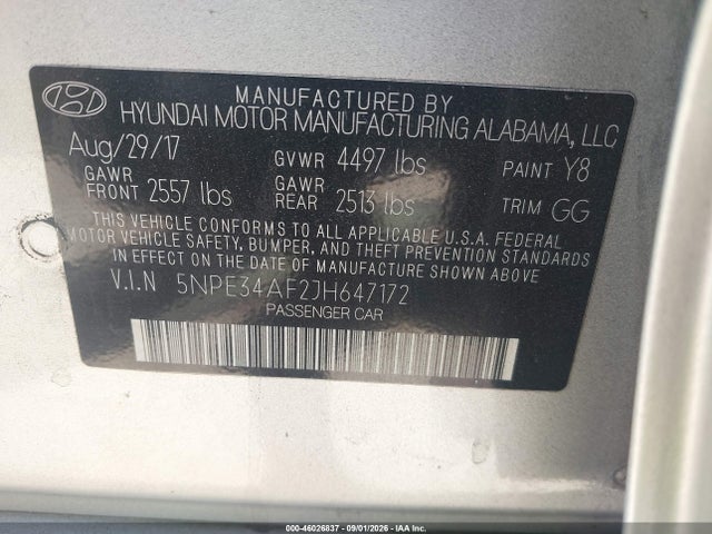 Aukcja sprzedaży 2018 Hyundai Sonata Sel, vin: 5NPE34AF2JH647172, numer aukcji: 46026837