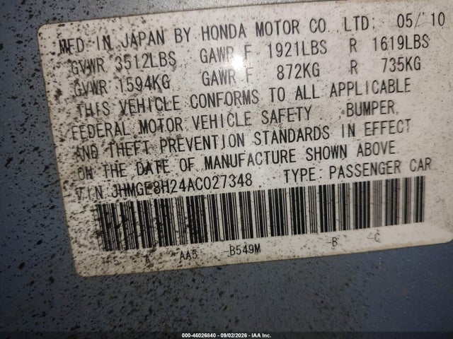 2010 Honda Fit მანქანა იყიდება აუქციონზე, vin: JHMGE8H24AC027348, აუქციონის ნომერი: 46026840