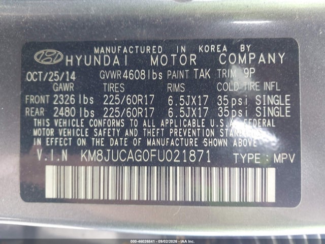 Hyundai TUCSON SE 2015 KM8JUCAG0FU021871 Image 9