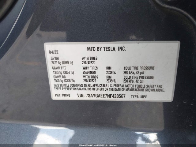 Aukcja sprzedaży 2022 Tesla Model Y Long Range Dual Motor All-wheel Drive, vin: 7SAYGAEE7NF420567, numer aukcji: 46026843