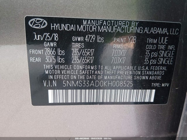 46026848 :رقم المزاد ، 5NMS33AD0KH008525 vin ، 2019 Hyundai Santa Fe Sel مزاد بيع