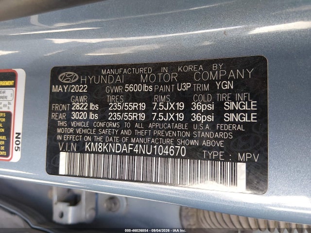 Aukcja sprzedaży 2022 Hyundai Ioniq 5 Sel, vin: KM8KNDAF4NU104670, numer aukcji: 46026854