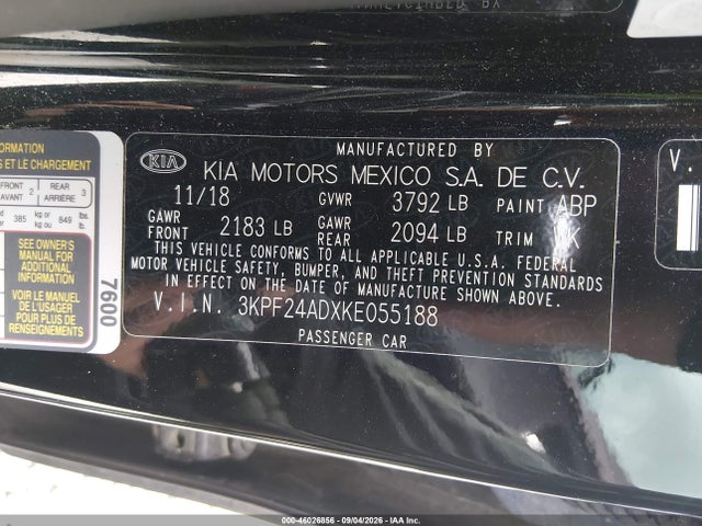 Продажа на аукционе авто 2019 Kia Forte Fe, vin: 3KPF24ADXKE055188, номер лота: 46026856