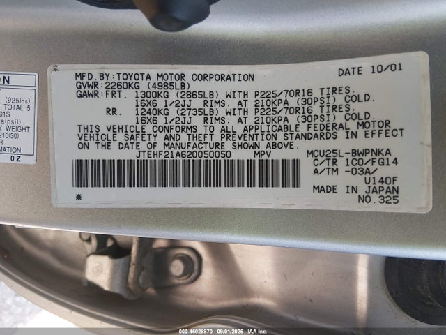 46026870 :رقم المزاد ، JTEHF21A620050050 vin ، 2002 Toyota Highlander V6 مزاد بيع