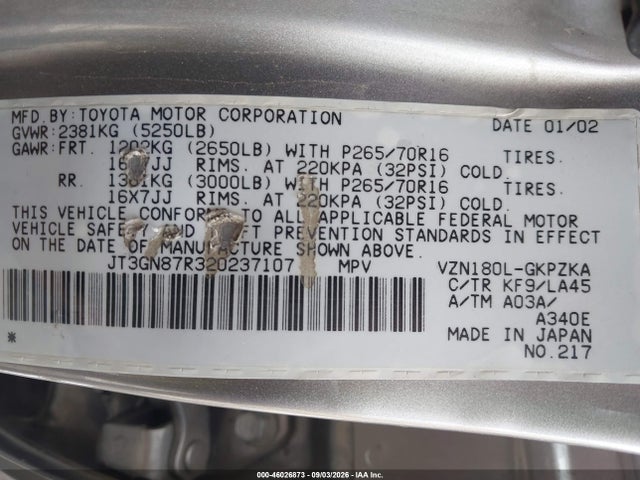 Aukcja sprzedaży 2002 Toyota 4runner Limited V6, vin: JT3GN87R320237107, numer aukcji: 46026873