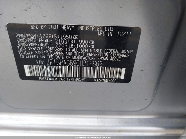 Aukcja sprzedaży 2012 Subaru Impreza 2.0i Limited, vin: JF1GPAG69CH216662, numer aukcji: 46026875