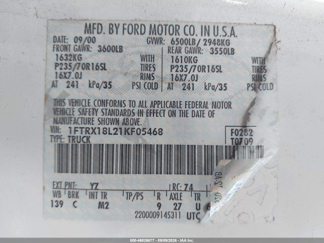 Auction sale of the 2001 Ford F-150 Lariat/xl/xlt, vin: 1FTRX18L21KF05468, lot number: 46026877