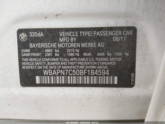 Aukcja sprzedaży 2011 Bmw 335d, vin: WBAPN7C50BF184594, numer aukcji: 46026881