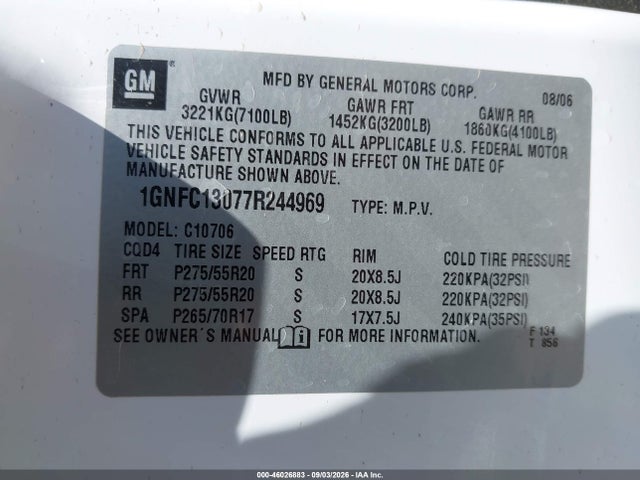 Aukcja sprzedaży 2007 Chevrolet Tahoe C1500, vin: 1GNFC13077R244969, numer aukcji: 46026883