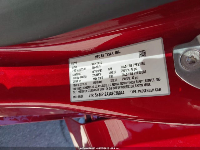 Продажа на аукционе авто 2025 Tesla Model 3, vin: 5YJ3E1EA1SF028044, номер лота: 46026885