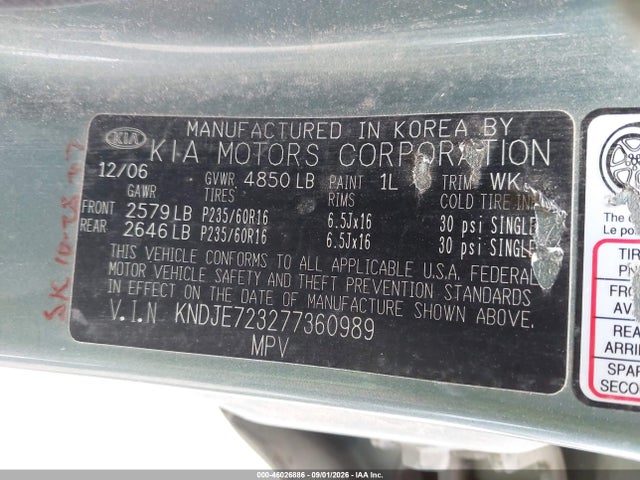 Aukcja sprzedaży 2007 Kia Sportage Lx V6, vin: KNDJE723277360989, numer aukcji: 46026886