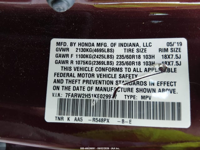Aukcja sprzedaży 2019 Honda Cr-v Ex, vin: 7FARW2H51KE029937, numer aukcji: 46026891