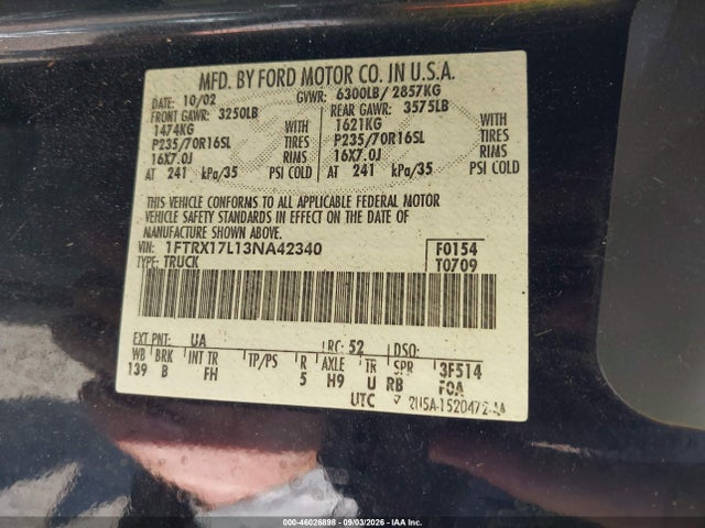 Продаж на аукціоні авто 2003 Ford F-150 Lariat/xl/xlt, vin: 1FTRX17L13NA42340, номер лоту: 46026898