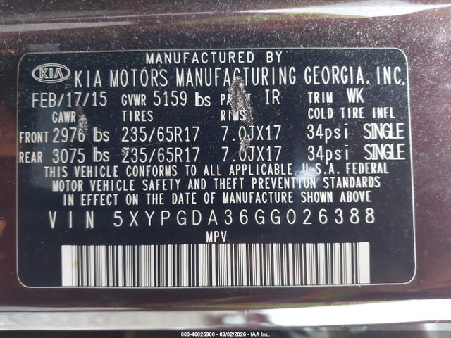 46026900 :رقم المزاد ، 5XYPGDA36GG026388 vin ، 2016 Kia Sorento 2.4l Lx مزاد بيع