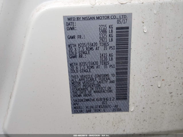 Aukcja sprzedaży 2017 Nissan Pathfinder Platinum, vin: 5N1DR2MM2HC689612, numer aukcji: 46026919