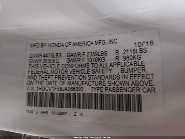 1HGCV1F38JA266093 Honda Accord Sport
