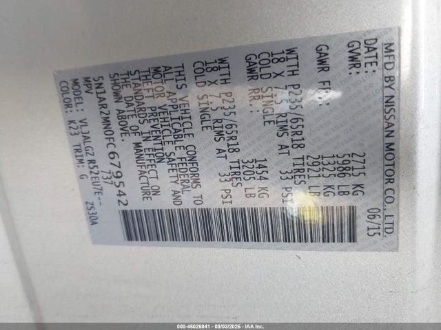 Продаж на аукціоні авто 2015 Nissan Pathfinder Sl, vin: 5N1AR2MN0FC679542, номер лоту: 46026941