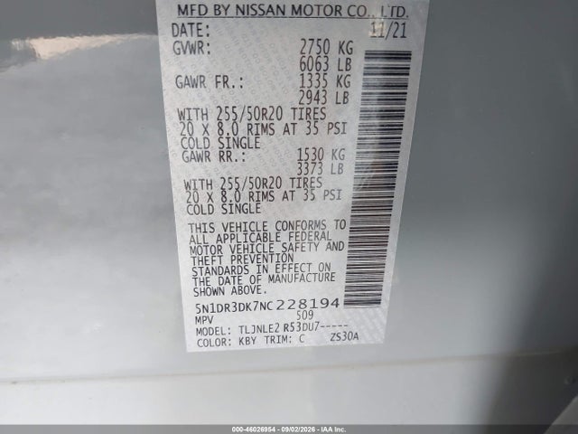 2022 Nissan Pathfinder Platinum 4wd მანქანა იყიდება აუქციონზე, vin: 5N1DR3DK7NC228194, აუქციონის ნომერი: 46026954