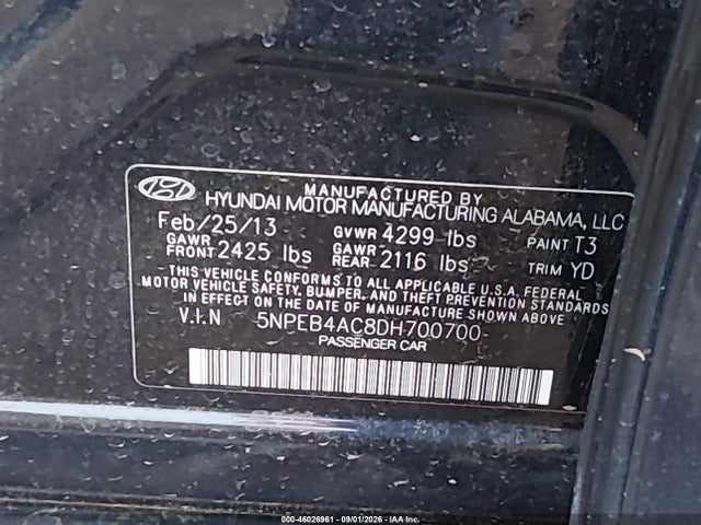 2013 Hyundai Sonata Gls მანქანა იყიდება აუქციონზე, vin: 5NPEB4AC8DH700700, აუქციონის ნომერი: 46026961