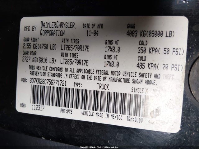 Aukcja sprzedaży 2005 Dodge Ram 2500 St/slt, vin: 3D7KR28C75G771721, numer aukcji: 46026964