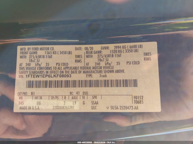 Продажа на аукционе авто 2020 Ford F-150 Xlt, vin: 1FTEW1EP6LKF08093, номер лота: 46026966