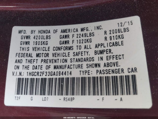 Aukcja sprzedaży 2016 Honda Accord Lx, vin: 1HGCR2F33GA094414, numer aukcji: 46026970