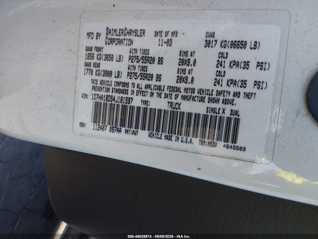 46026974 :رقم المزاد ، 1D7HA18D54J181597 vin ، 2004 Dodge Ram 1500 Slt/laramie مزاد بيع