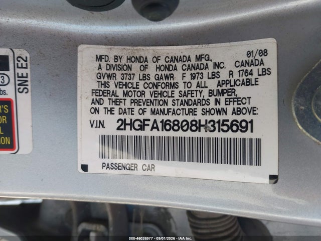 2008 Honda Civic Ex მანქანა იყიდება აუქციონზე, vin: 2HGFA16808H315691, აუქციონის ნომერი: 46026977