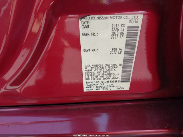 2016 Nissan Altima 2.5 S მანქანა იყიდება აუქციონზე, vin: 1N4AL3AP3GC268998, აუქციონის ნომერი: 46026979