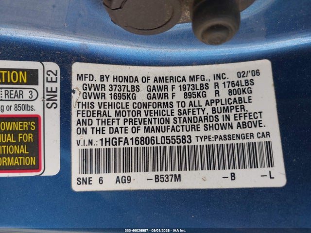Продаж на аукціоні авто 2006 Honda Civic Ex, vin: 1HGFA16806L055583, номер лоту: 46026987