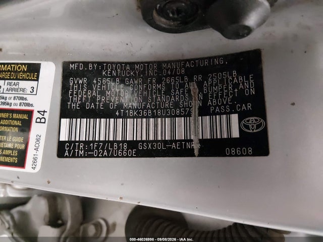 46026998 :رقم المزاد ، 4T1BK36B18U308579 vin ، 2008 Toyota Avalon Touring مزاد بيع