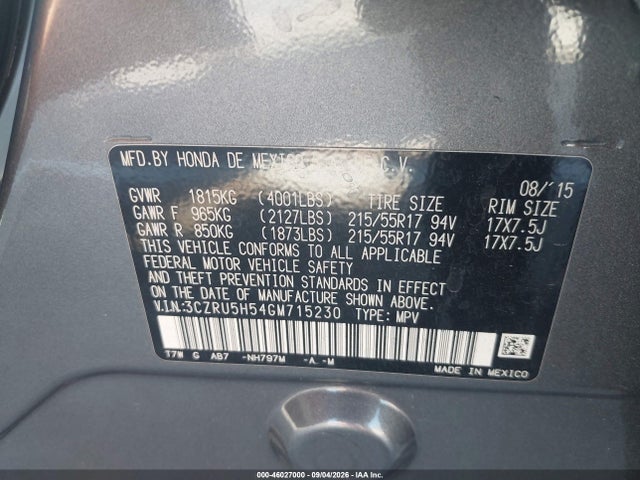 Honda HR-V EX 2016 3CZRU5H54GM715230 Image 9
