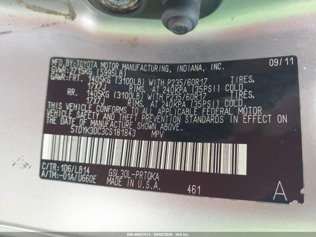 Продаж на аукціоні авто 2012 Toyota Sienna Xle V6 8 Passenger, vin: 5TDYK3DC3CS181843, номер лоту: 46027013