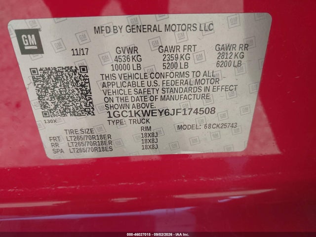2018 Chevrolet Silverado 2500hd Ltz მანქანა იყიდება აუქციონზე, vin: 1GC1KWEY6JF174508, აუქციონის ნომერი: 46027015