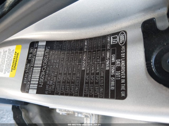 Продаж на аукціоні авто 2012 Land Rover Range Rover Evoque Pure Plus, vin: SALVT2BG7CH620071, номер лоту: 46027029